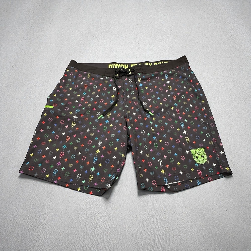 DIXXON Mens Board Shorts Black Multi Color Logo Print Swim Trunks Size 42